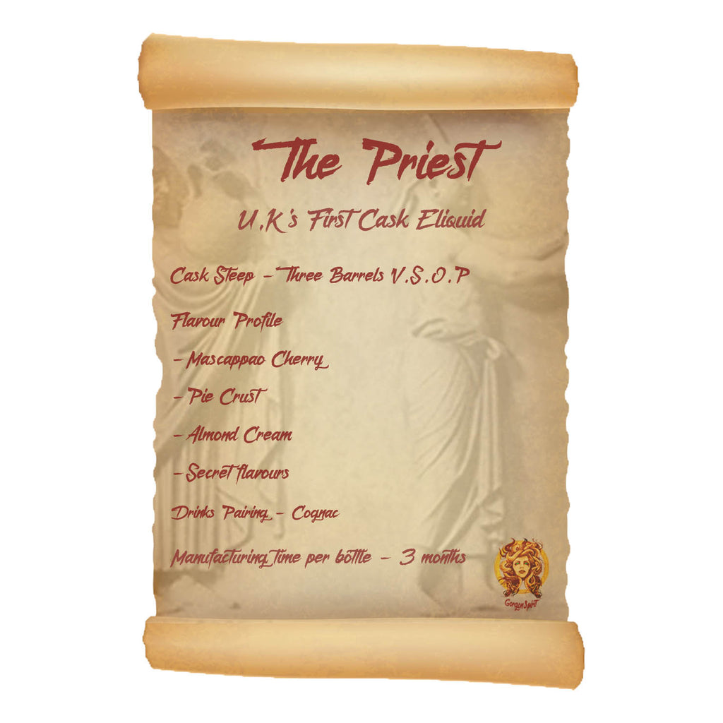 60ml Shortfill Bottle - The Priest - Three Barrels V.S.O.P, Mascappo Cherry, Sweet Raspberry, Pie Crust, Almond Cream